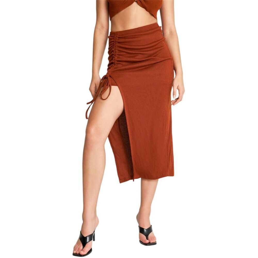 Cider Y2k Women's Brown Ruched Knit Midi Skirt M Fall Spring Cozy Comfy